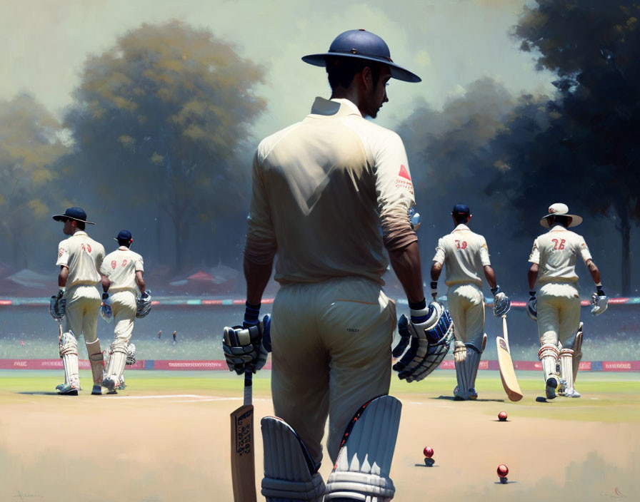 Cricket scene with batsmen and fielders on sunlit field