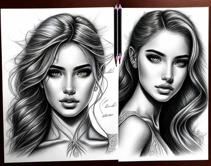 Detailed grayscale female portraits with intricate hair and makeup next to two pencils