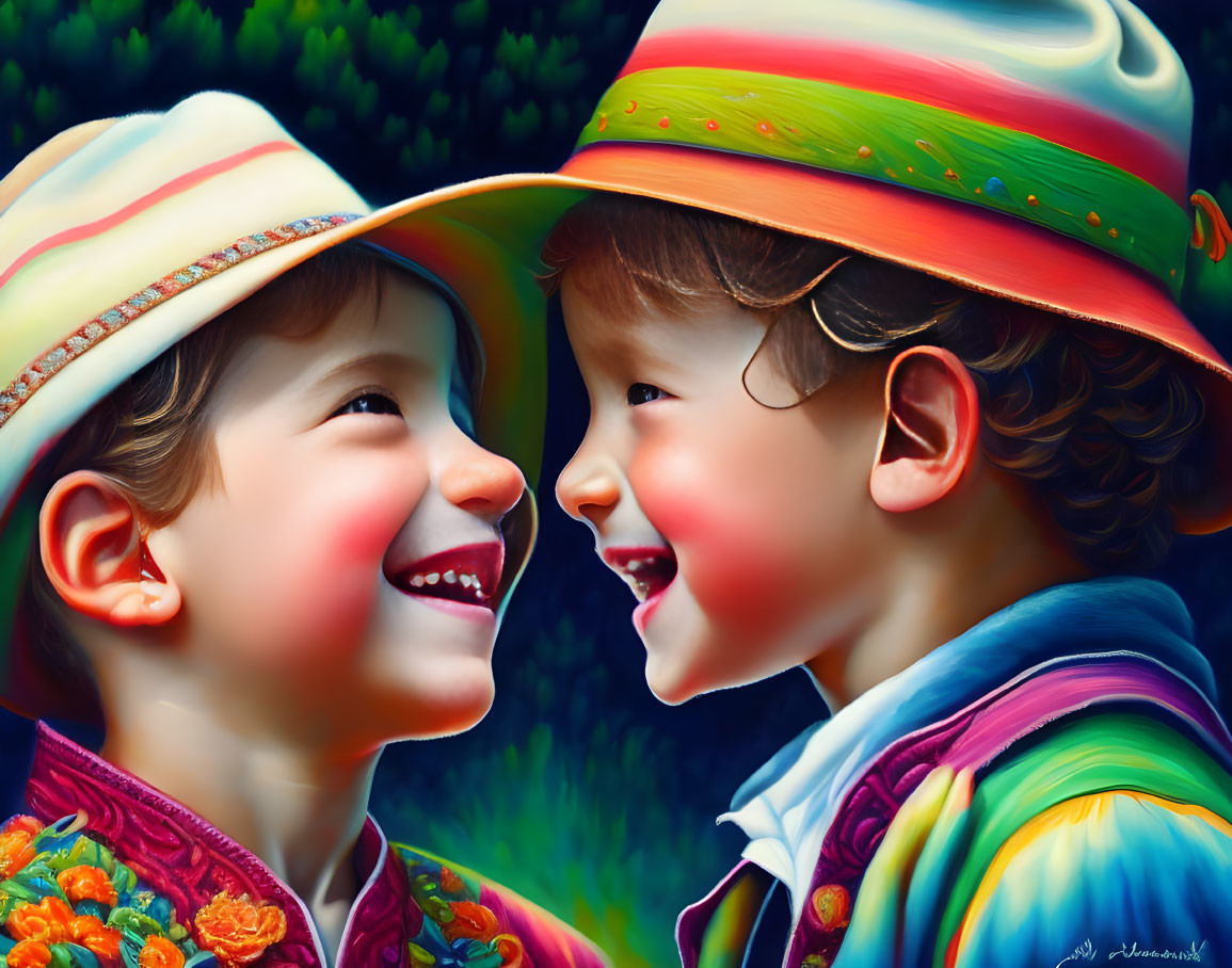 Colorful hats and clothes: Smiling children on dark green background