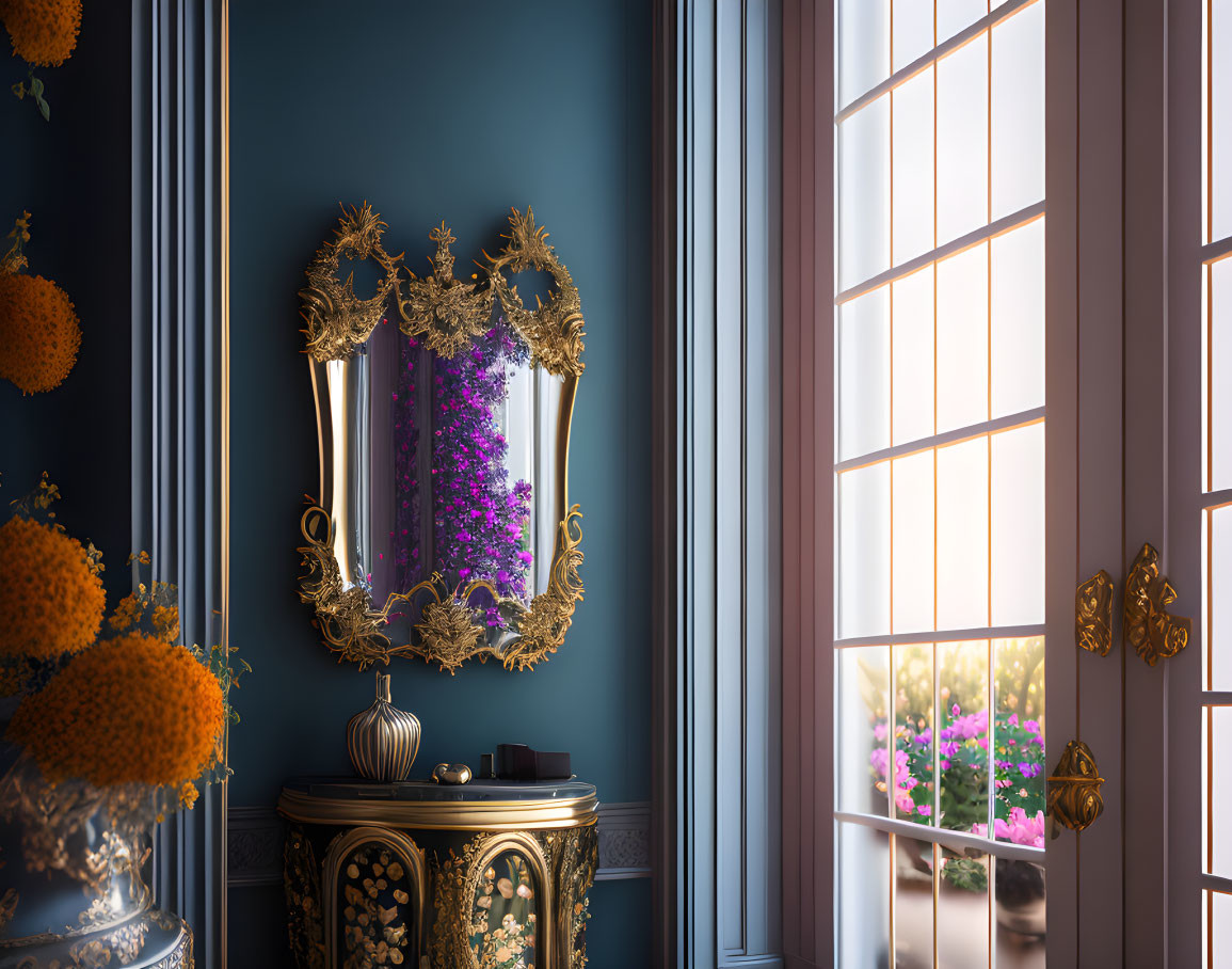 Golden ornate mirror above dark wall near window with flowers view