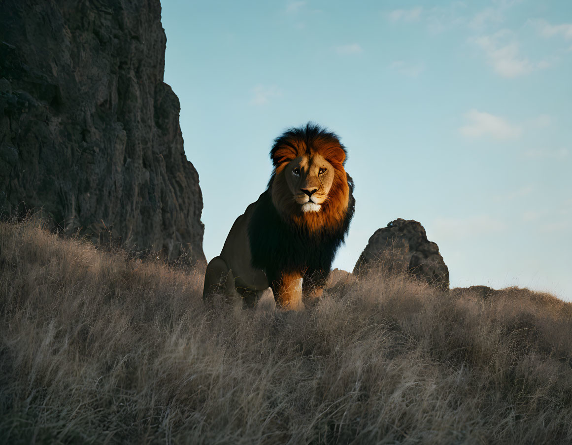 Majestic lion in golden grass with rocky backdrop at sunset