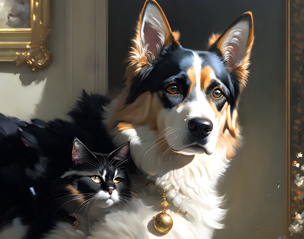 Realistic illustration: Border Collie and black & white cat with golden accessories in sunlight.