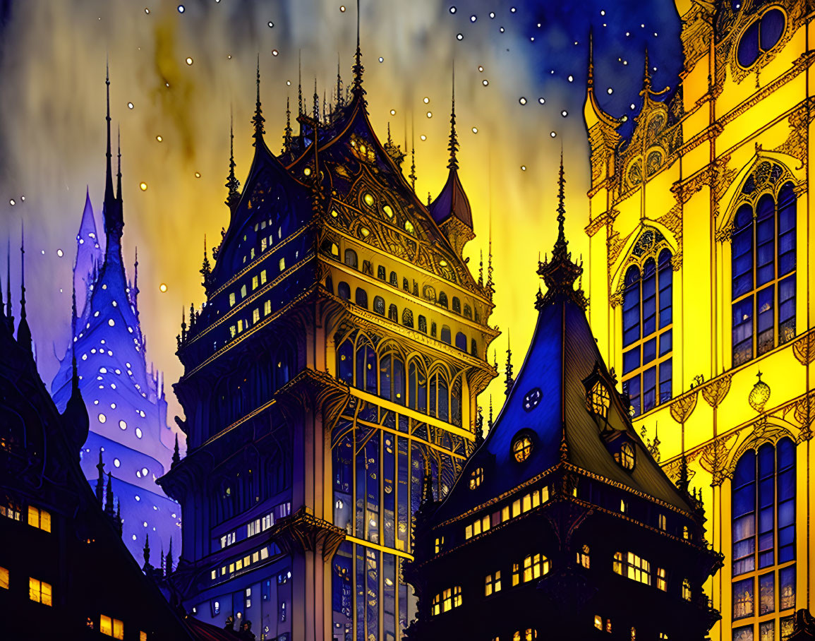 Illustration of Gothic buildings at night with warm yellow windows under a starry sky.