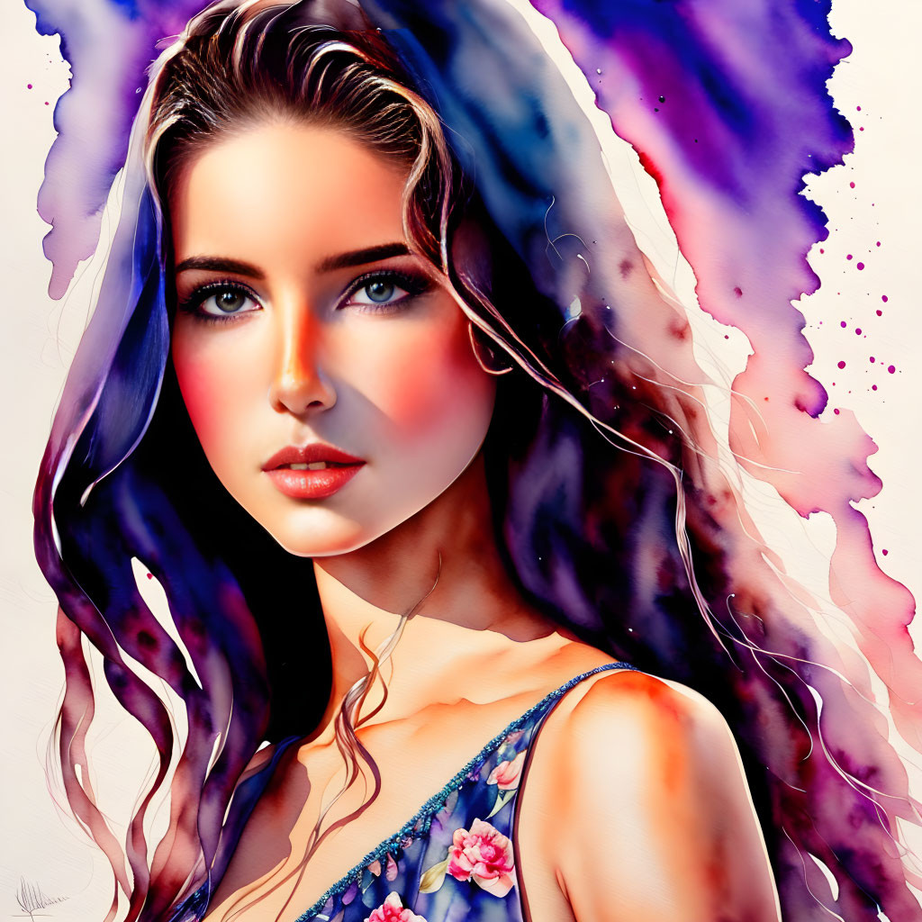 Colorful digital portrait of a woman with lustrous hair and floral attire, set against dynamic ink