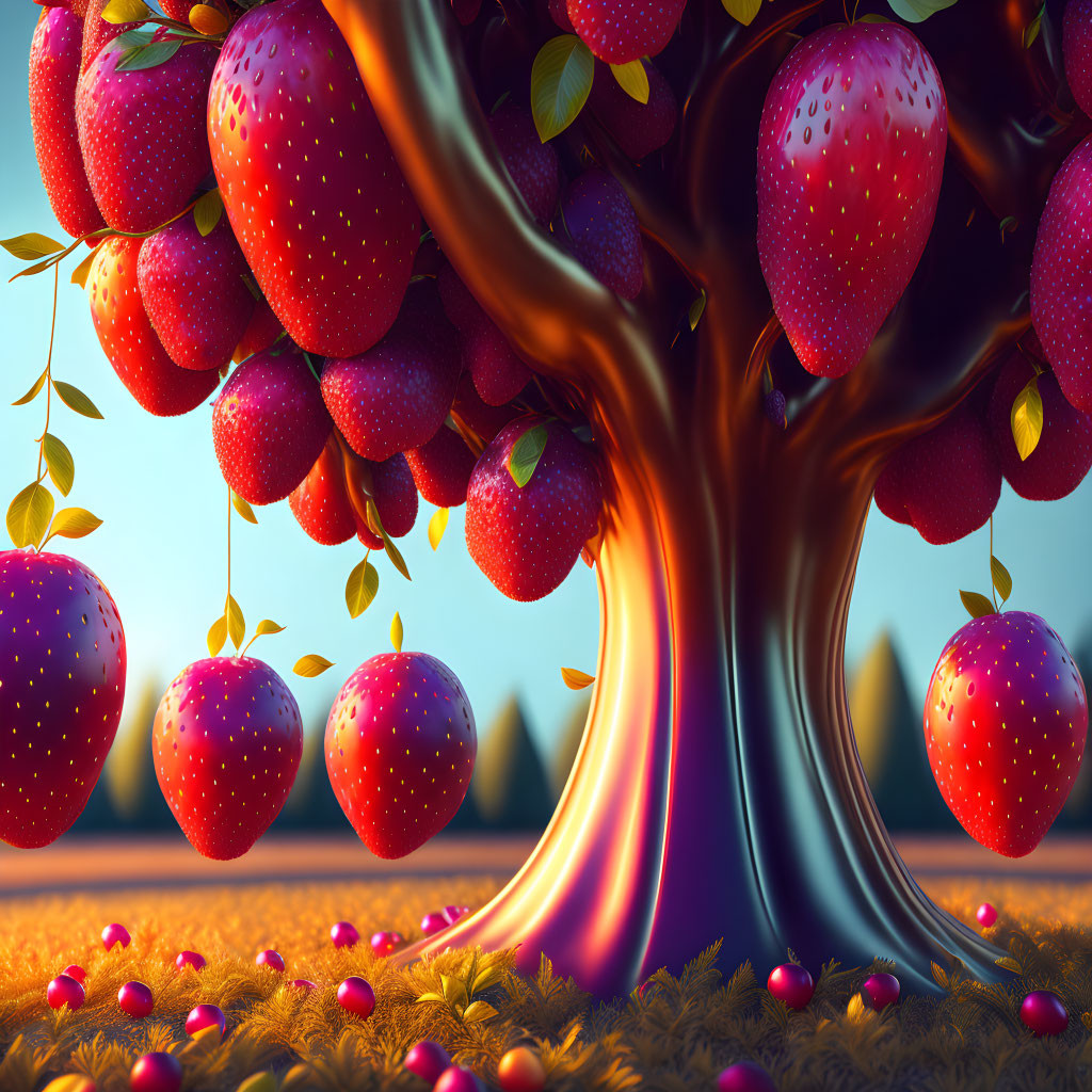 Whimsical tree with vibrant trunk and strawberries on branches at dusk