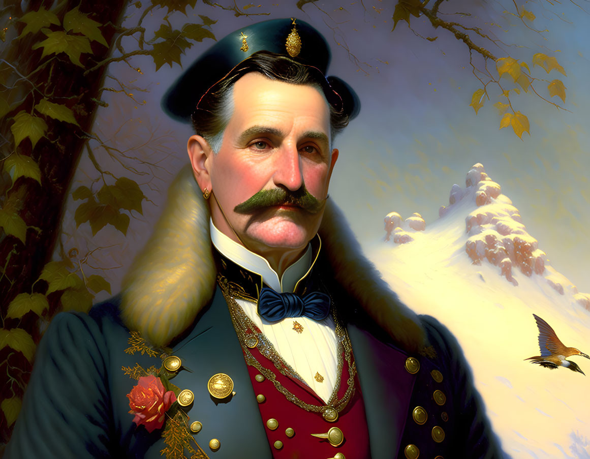 Historical military uniform portrait with handlebar mustache and medals in snowy landscape