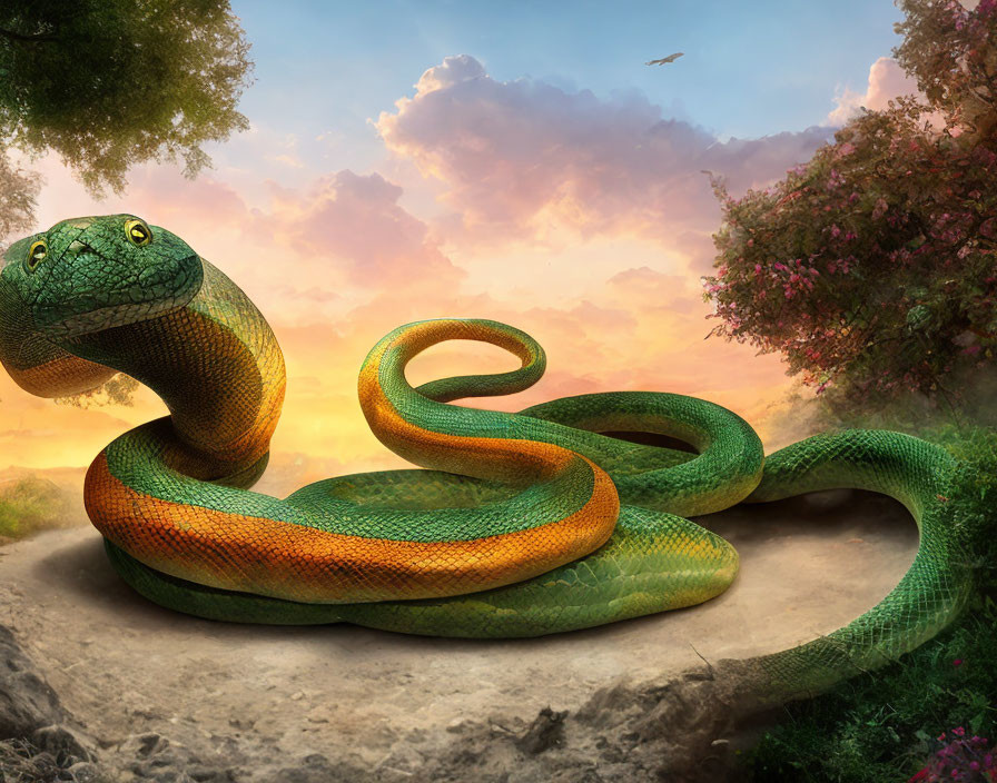 Detailed Green Snake Coiled on Ground Against Sunset Sky