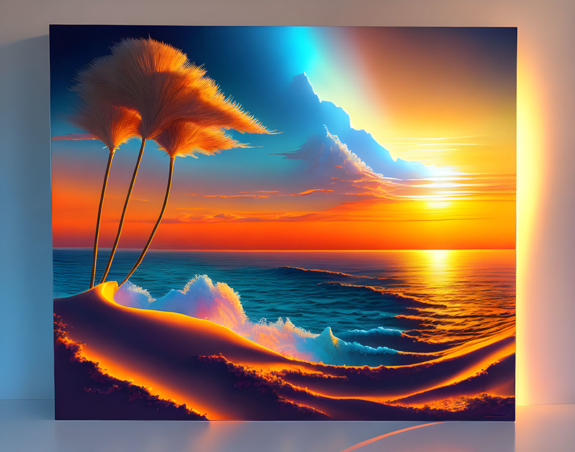 Colorful beach sunset digital artwork with stylized waves and palm trees