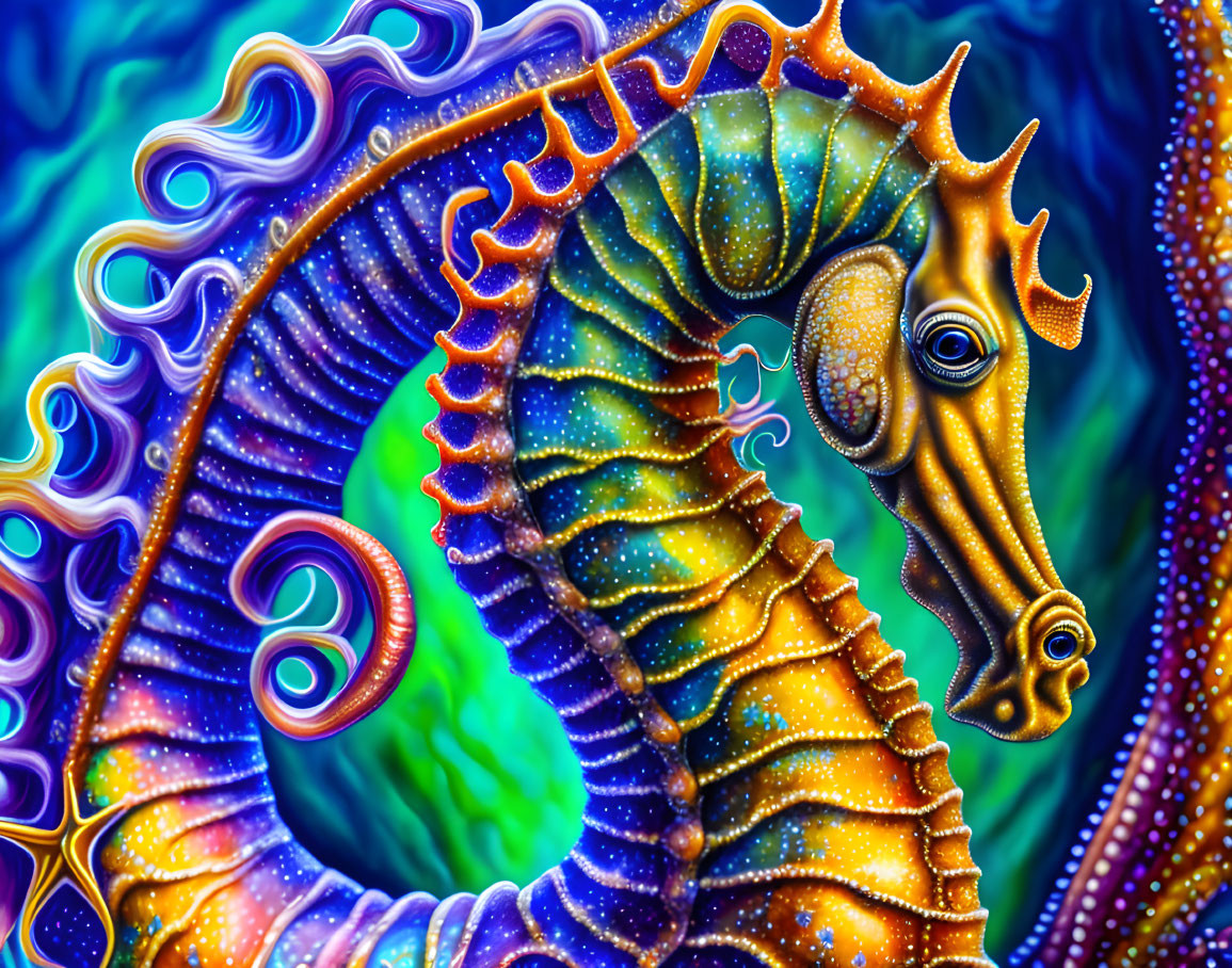 Colorful Psychedelic Seahorse Illustration on Blue Background