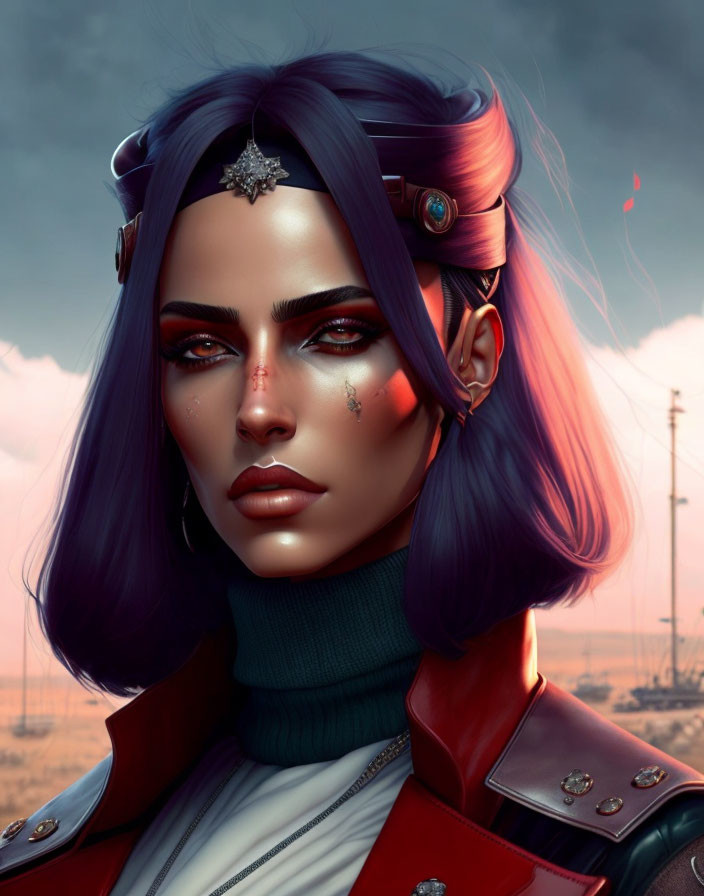 Digital portrait: Woman with purple hair, facial jewelry, red eyes, red leather jacket, green t