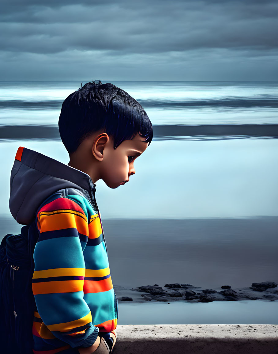 Child with backpack gazes at serene seascape