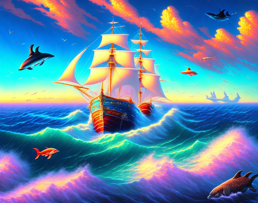 Colorful sailing ship illustration on ocean waves with dolphins and distant ships.