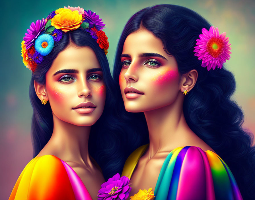 Vibrant makeup and floral headpieces on two women in colorful setting