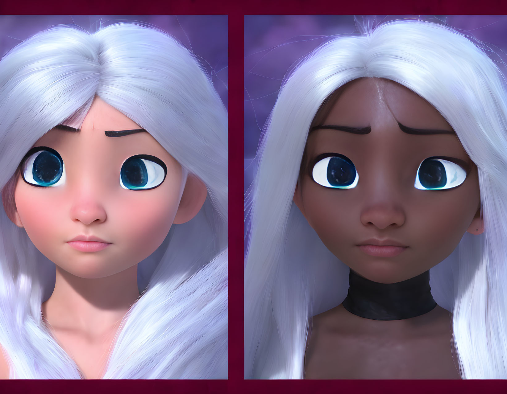 Stylized animated characters with white hair and blue eyes on purple background