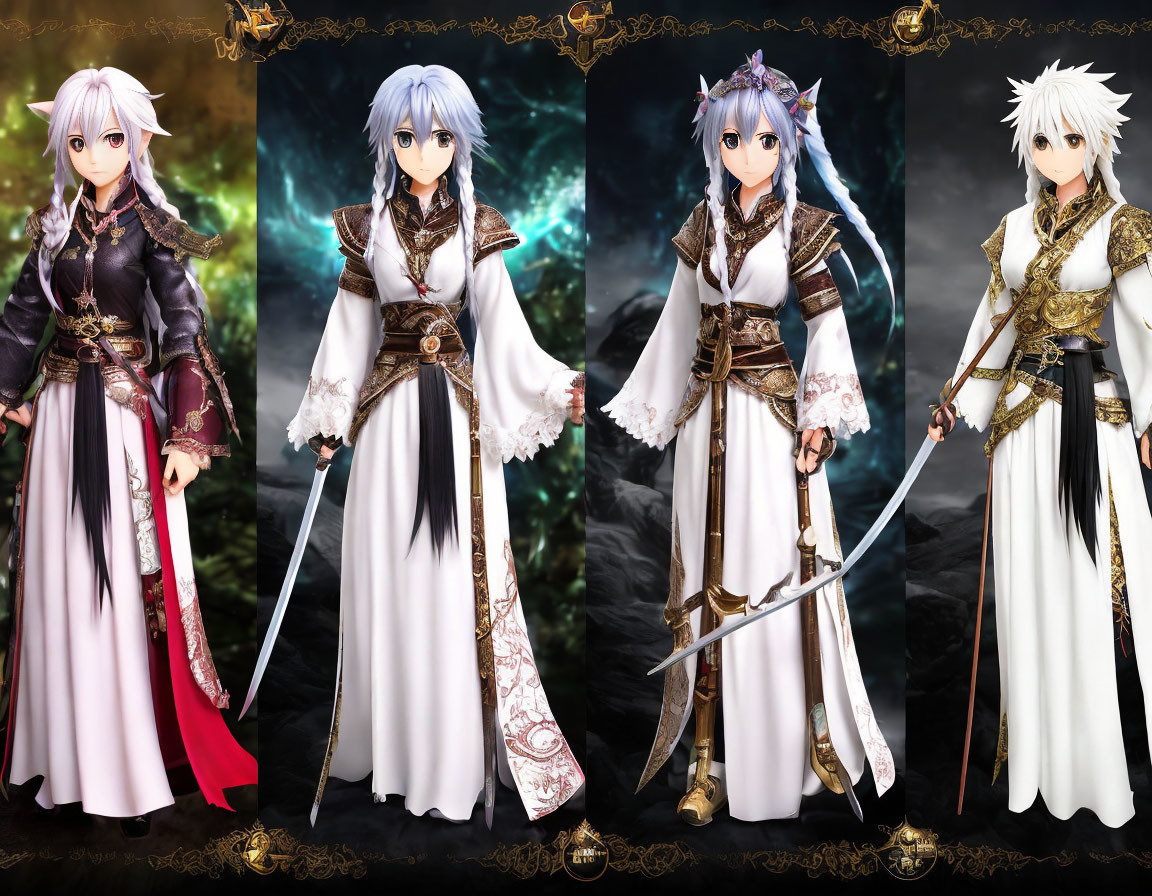 Four fantasy characters in medieval and Eastern-inspired costumes with unique swords, amid mystical forest settings.