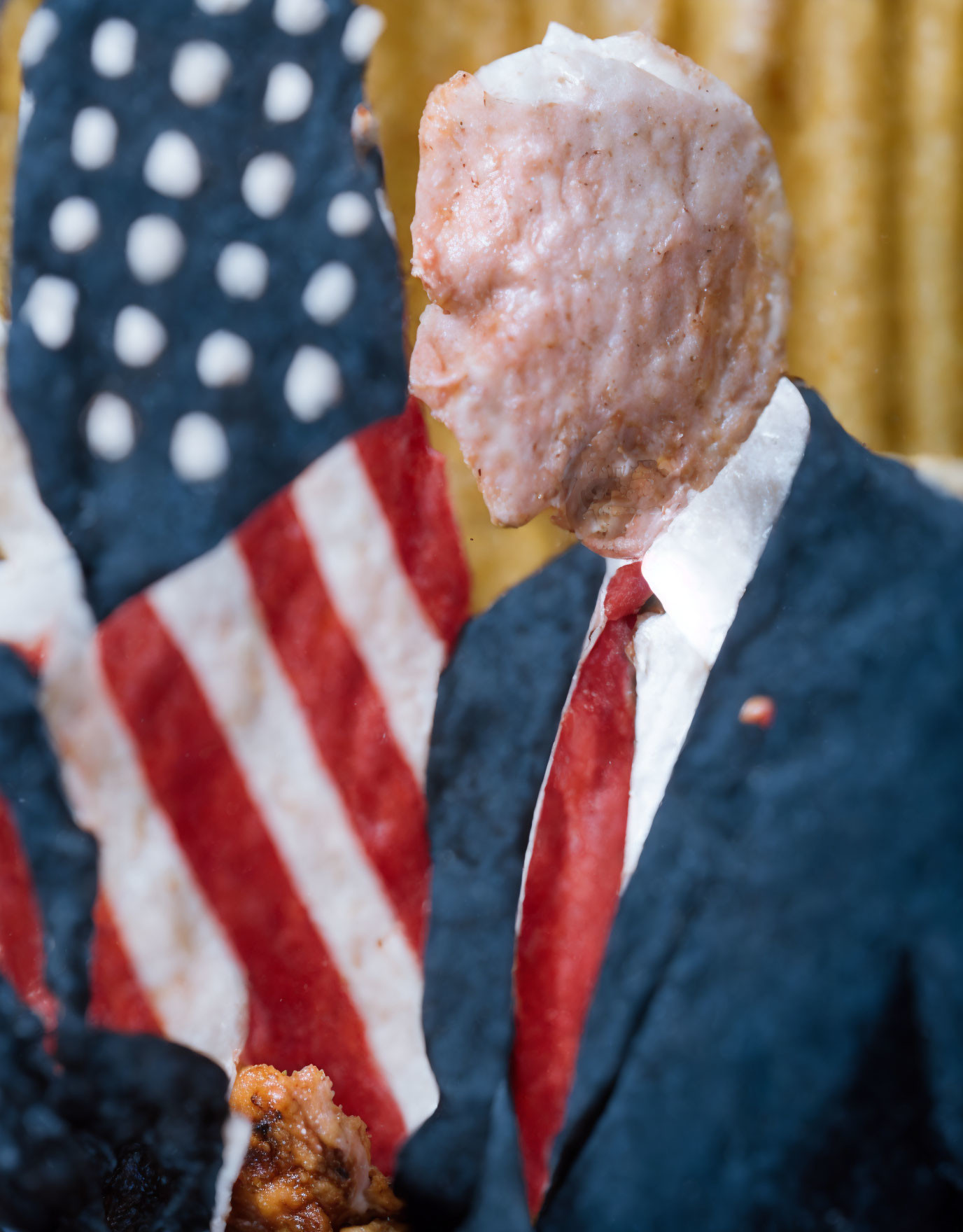 Conceptual art: Suit & tie figure with meat head on American flag.