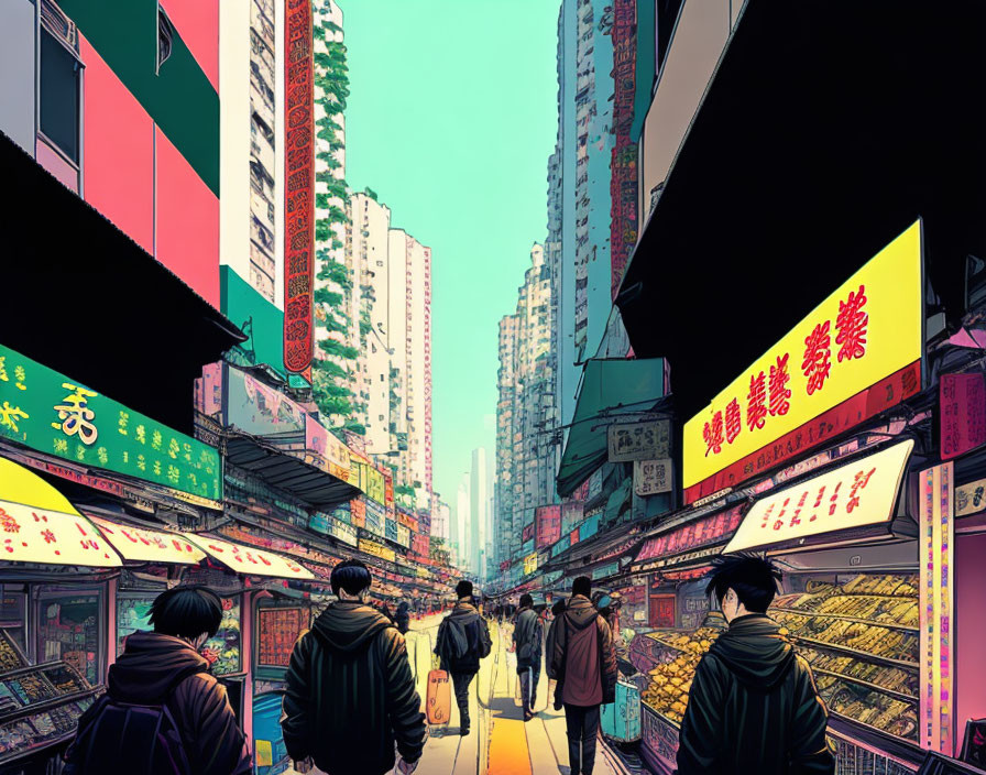 Vibrant city street illustration with colorful signs and high-rise buildings