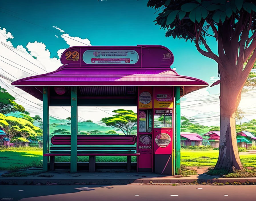 Vibrant pink bus stop with bench and advertising boards under clear sky