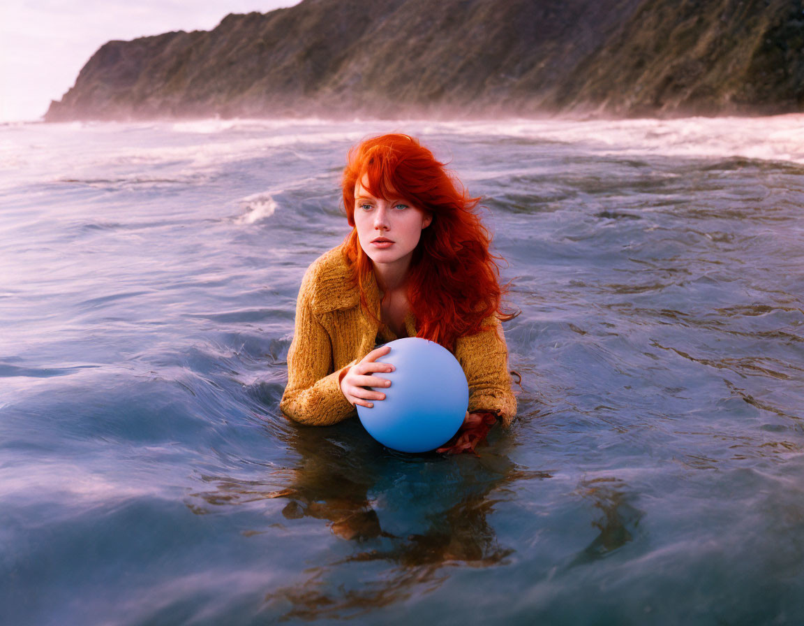 Red-haired woman holding blue orb in ocean at dusk