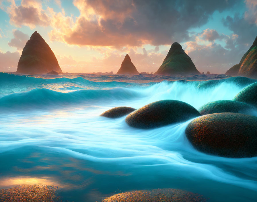 Tranquil ocean sunset with moss-covered rocks and pyramid islets