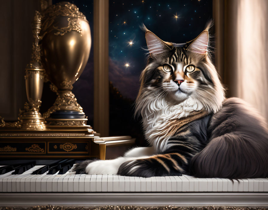 Majestic Maine Coon Cat on Piano Keyboard with Starry Night Sky