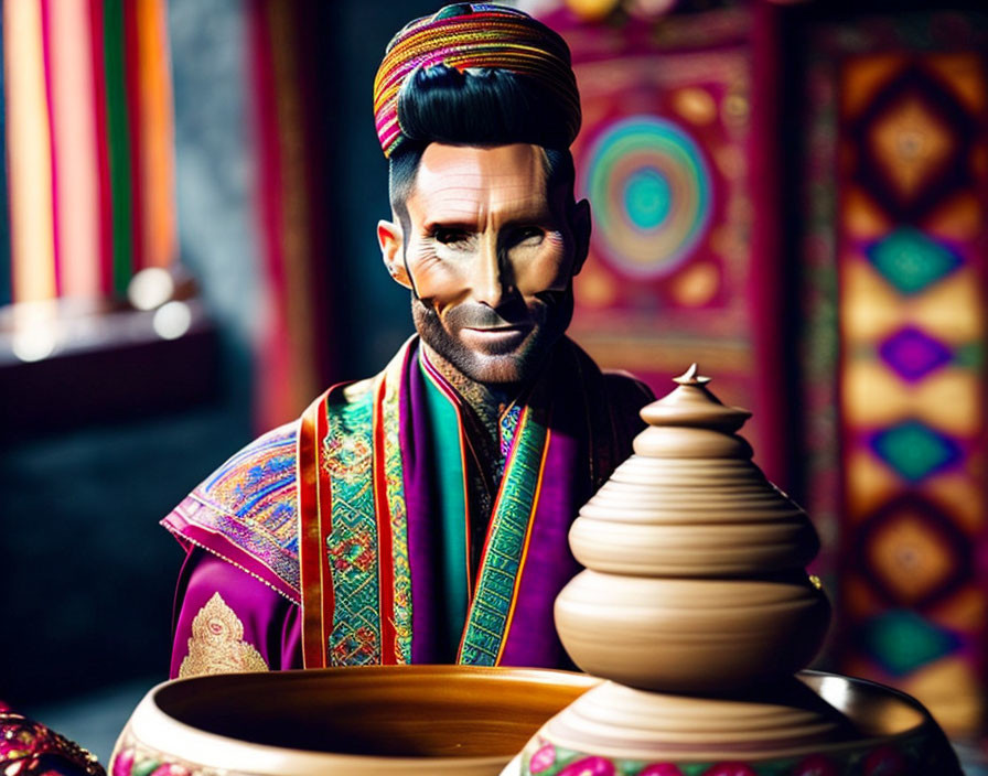 Colorful turbaned figurine creating clay pot on pottery wheel against vibrant background