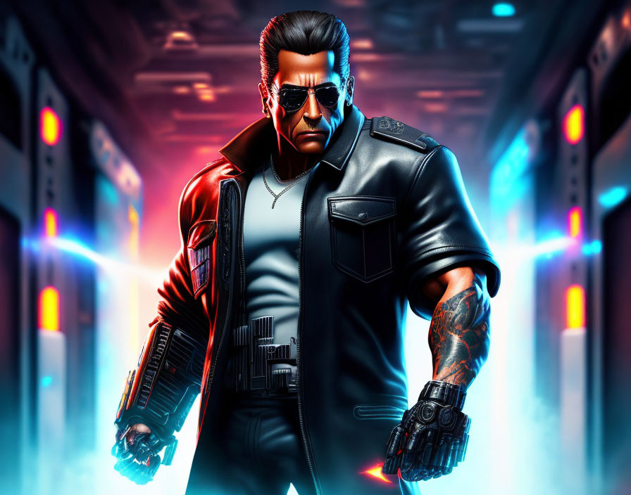 Cybernetic-armed man in sunglasses in neon-lit corridor