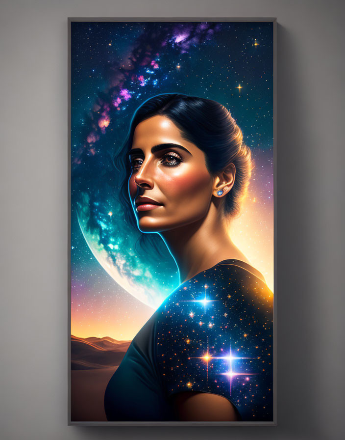 Cosmic-themed digital artwork of a woman with stars and crescent moon in background