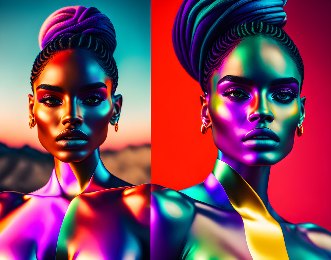 Vivid neon colors on woman with stylized bun and striking makeup