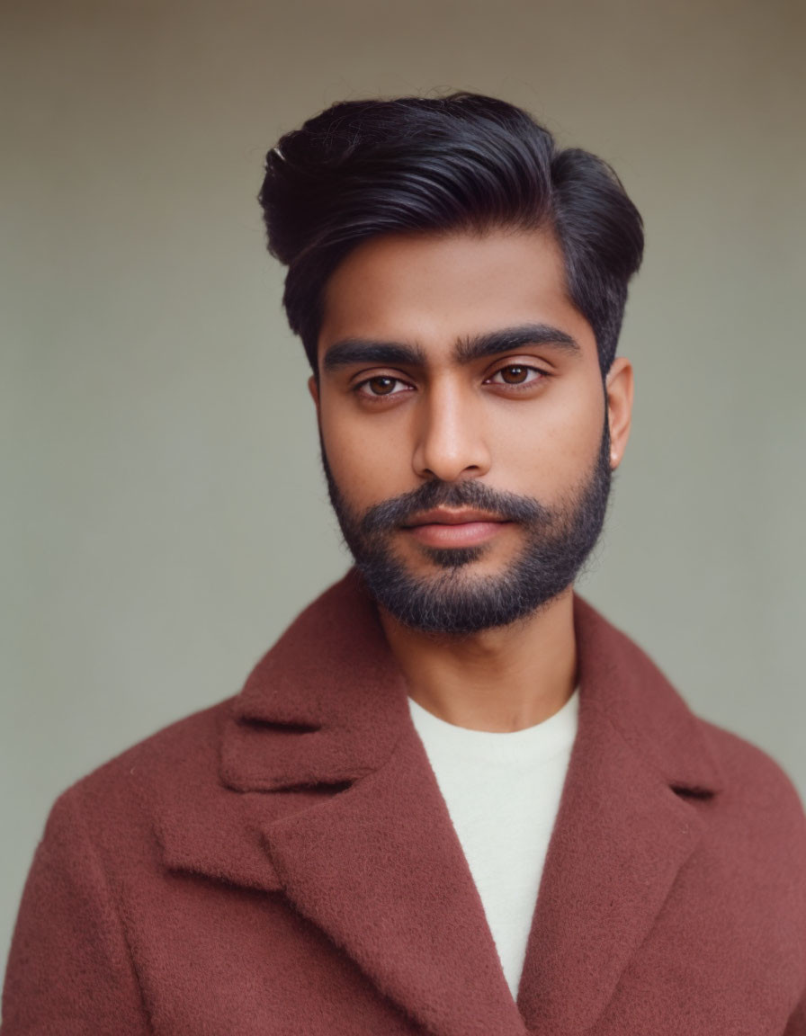 Bearded man in brown coat and white shirt with neutral expression