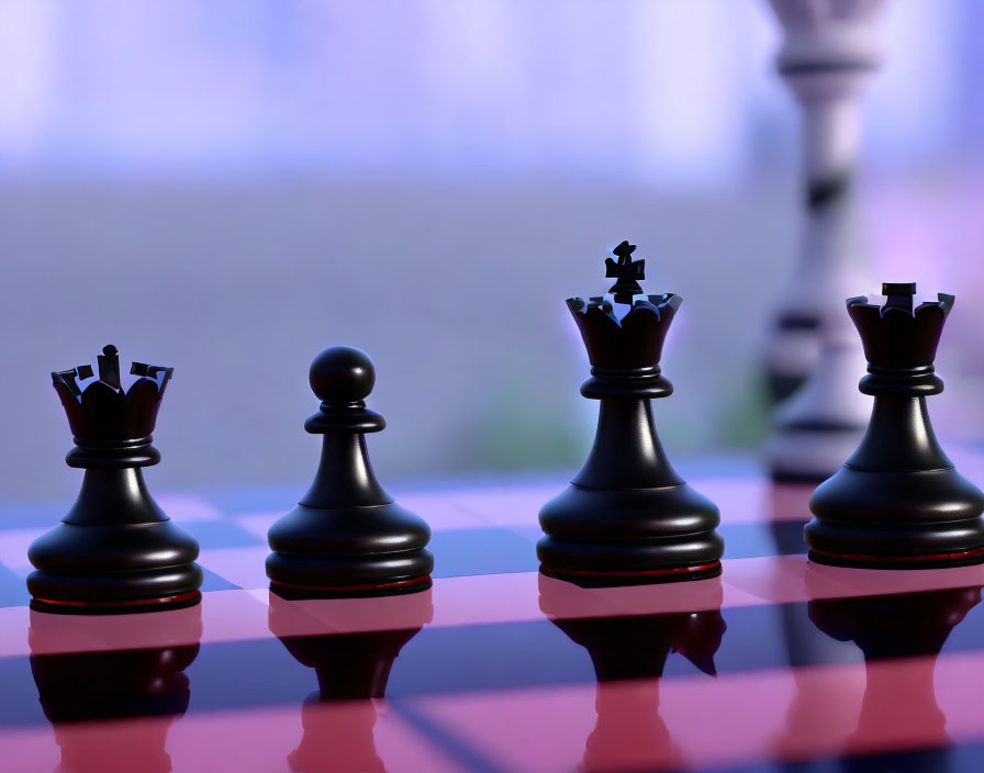 Chess pieces silhouetted on board with purple and blue glow - queen, pawn, and king