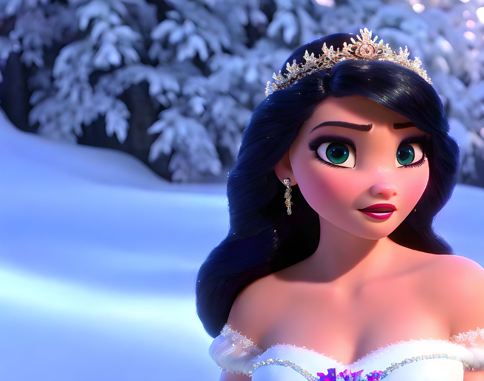 Dark-haired animated princess in white gown amid snowy landscape