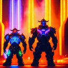 Futuristic warrior figurines in glowing blue armor on red and orange backdrop