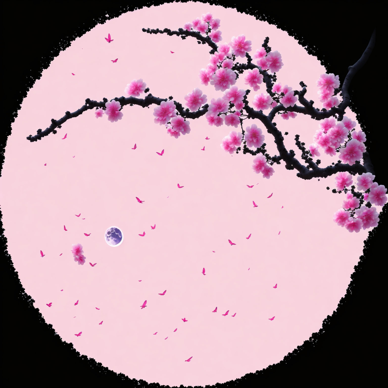 Pink Cherry Blossoms Branches Moon Petals Scene