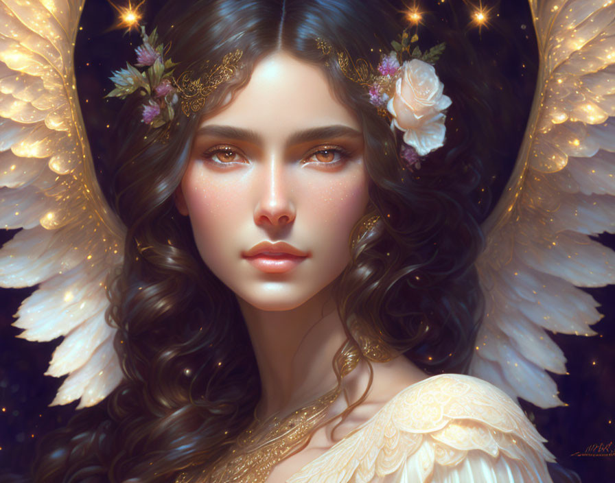 Mystical woman with angelic wings and floral headpiece against starry backdrop