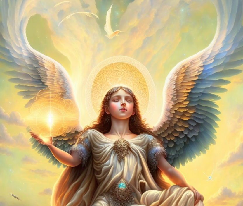 Celestial scene: angel with wings and glowing orb in serene setting