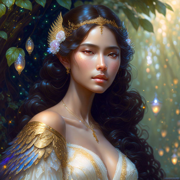 Detailed digital art portrait of woman with wavy hair, golden accessories, and winged shoulders in mystical