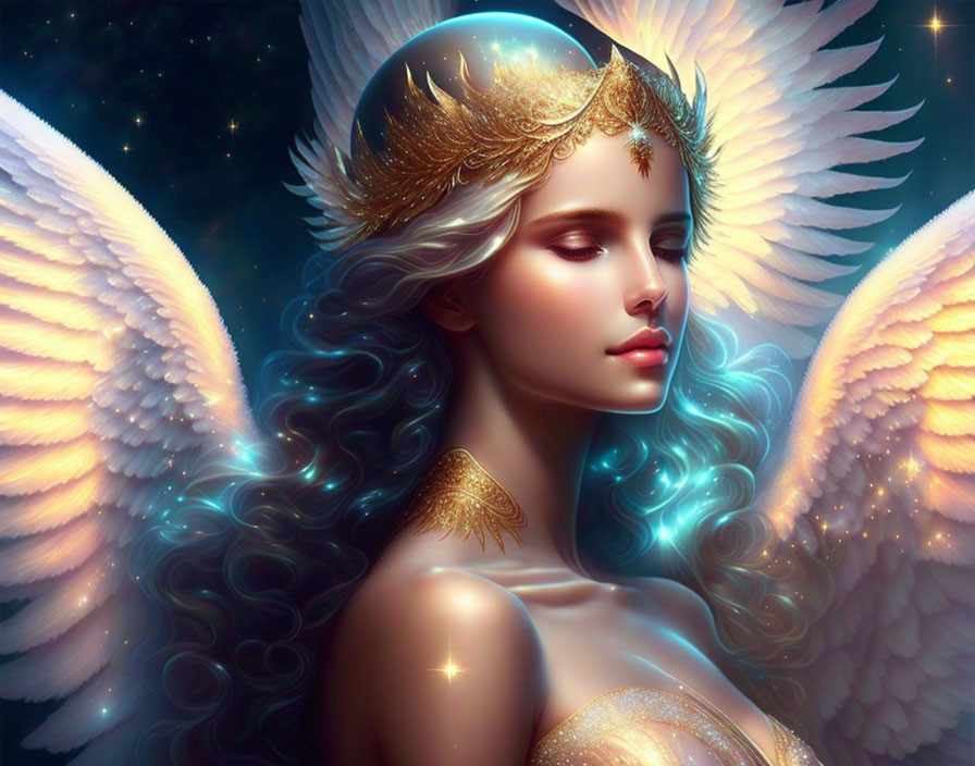 Golden headpiece, blue wavy hair, white wings, starlit background.