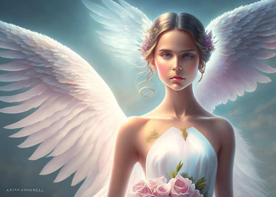 Fantastical being with white wings and floral headpiece holding pink roses