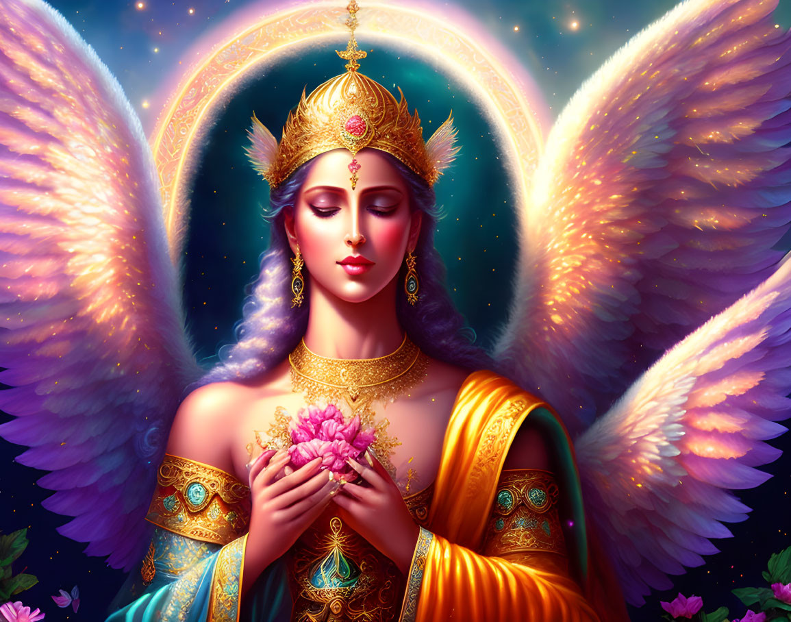 Celestial figure with large white wings in ornate gold and blue attire holding a pink flower