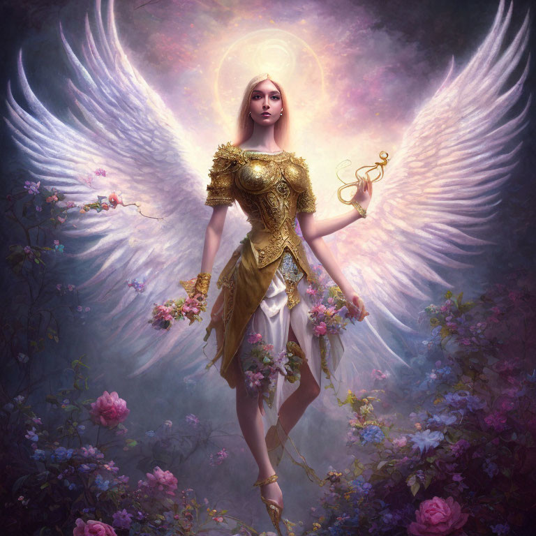 Ethereal woman in golden armor with wings and halo among roses