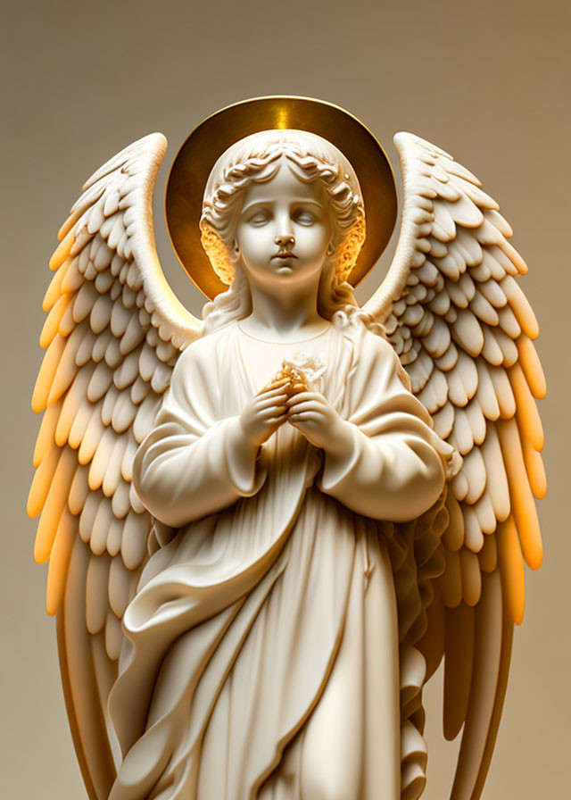 Angel statue with wings, halo, and object on beige background