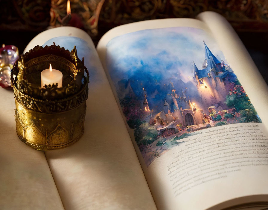 Colorful Castle Illustration Next to Candle and Glass Bead on Open Book