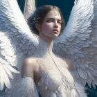 Serene woman with angelic wings and doves in celestial setting