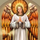 Angel statue with wings, halo, and object on beige background