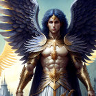 Majestic figure with blue wings and golden armor in front of a fantastical castle.