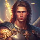 Ethereal figure with luminous wings and golden armor gazes forward