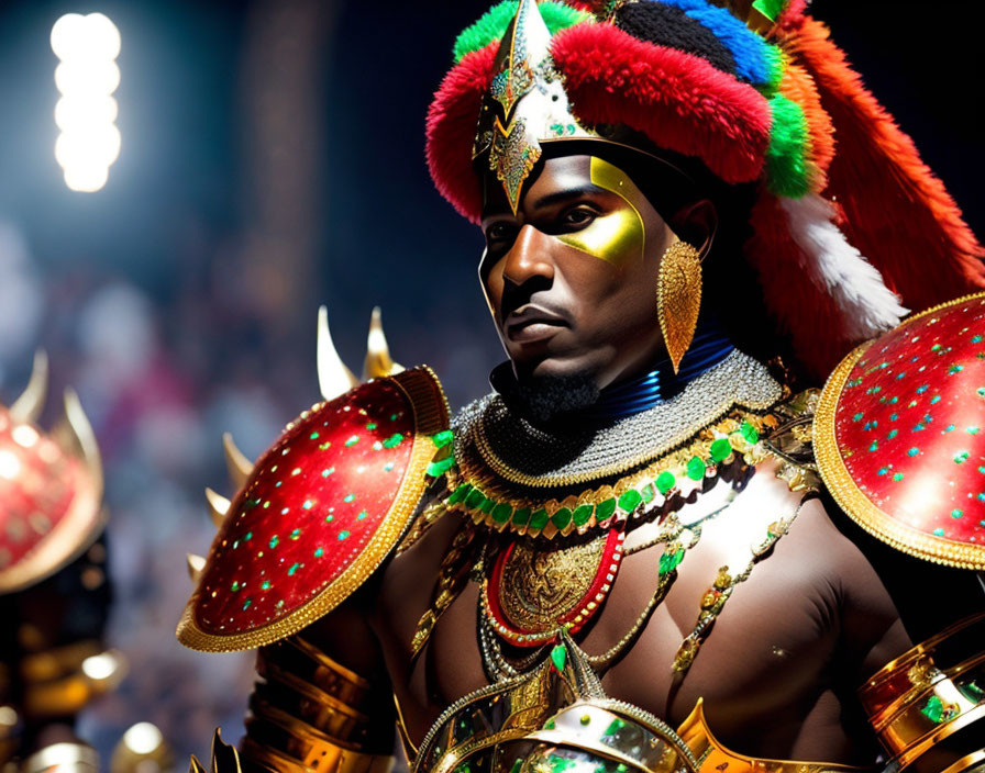 Elaborate Carnival Costume with Vibrant Headdress and Armor