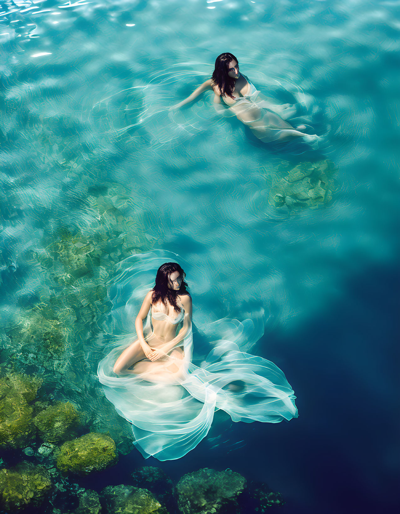 Two people in white fabric floating in clear blue water