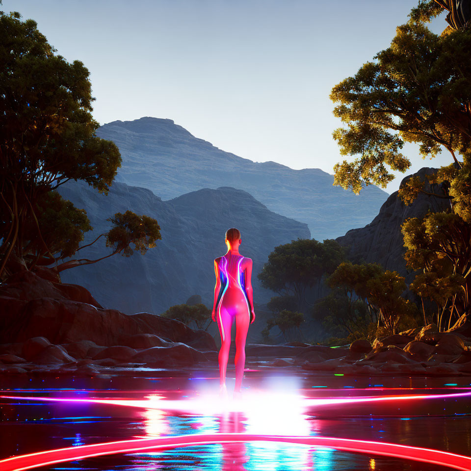 Glowing figure in bodysuit by reflective water with neon lights